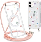 Magnetique Coque Pour Iphone 11 6,1"" Con Cordon, Compatible Avec Magsafe, Transparent Étui Souple Silicone Tpu Antichoc Protection Housse Collier Corde Case Cover Avec Aesthetic Motif Coeur