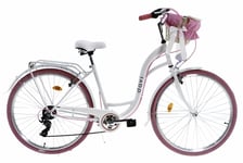 Damcykel med flätad korg Davi Emma 7 växlar, 28", höjd 160-185 cm, Vit/Rose