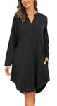 Vlazom Chemise de Nuit Femme Coton,Chemise de Nuit Femme Manche Longue Tee Shirt Nuit Femme Grande Taille Allaitement,S,A-Noir