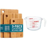 Premium Extra-Thick Wooden Chopping Boards - 3 Piece Bamboo Chopping Board Set & Pyrex Glass Measuring Jug, Transparent, 1 litre