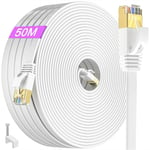 Cable Ethernet 50m Cat 7, Cable Rj45 Blindé 50 Mètres Exterieur Câble Réseau Plat Cable Lan Haut Débit Fibre 10Gbps 600MHz FTP Giagbit Long Câble Internet Blanc Fil Ethernet pour Routeur Modem.[G1686]