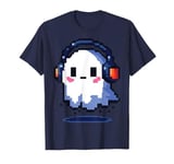 Cute Pixelated Ghost with Headphones Music Lover Pixel Art T-Shirt