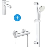 Essence Set mitigeur de douche + Barre de douche avec douchette 2 jets + Mitigeur lavabo, Chrome (23590001 & 33636001) - Grohe