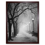 Snow Covered Street in the Misty Glow of Light Posts Atmospheric Black and White Photograph Winter Scene Art Print Framed Poster Wall Decor 12x16 inch