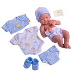 JC TOYS - Poupée La Newborn Nouveau-né de 38 cm en Vinyle Souple, avec vêtements et 8 Accessoires, Bleu, conçu en Espagne par Berenguer, 2 Ans