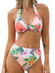 CUPSHE Maillot de bain 2 pièces pour femme - Col en V - Dos nu - Push up - Taille haute - Motif floral, Rose pêche/fleuri, XS