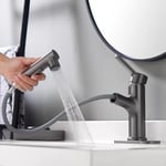 Laz Home Robinet d'évier de salle de bain avec pommeau pulvérisateur extensible - Mitigeur de lavabo à une poignée - Rabattable - Cascade - Bec rotatif - Assemblage de vidage généralisé - Gris