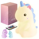 Madrigal Raibow Unicorn - Licorne - Veilleuse pour chambre d'enfant - USB-C rechargeable avec télécommande - Lumière multicolore et chaude - Silicone douce non toxique - Licorne arc-en-ciel - Bleu