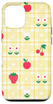 Coque pour iPhone 15 Pro Vichy jaune avec pommes, fleurs, cœurs, cerises, étoiles