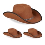 Relaxdays Chapeau de Cowboy, Lot de 3, déguisement Western, Carnaval, fêtes à thèmes, pour Adultes, Marron