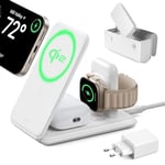 ESR Qi2 Station de Charge sans Fil 3 en 1, 15W Chargeur Apple Watch [Certifié] et Support de MagSafe pour iPhone, pour Plusieurs Appareils, iPhone 16/15/14/13, Montre et AirPods 4, avec Sac- Blanc