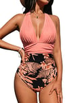 CUPSHE Maillot De Bain Une Pièce pour Femme Col V Licou Dos Nu Froncé Amincissant Contrôle Ventre Vintage Swimsuit Rose Corail XL