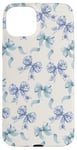 Coque pour iPhone 15 Plus Charmant ruban en toile bleue et blanche avec nœuds en forme de fleur