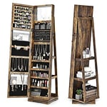 GOPLUS Armoire à Bijoux avec Miroir Plein Longueur, Armoire à Bijoux Pivotante sur Pied avec 3 Étagères de Rangement, Serrure, 3 en 1 Organisateur de Bijoux pour Maquillage, Habillage, Marron