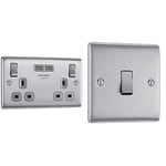 BG Electrical nbs22u3g Double Switched Fast Charging Power Socket with Two USB Charging Ports, 13 A, Brushed Steel with Grey Inserts & NBS12-01 Single Light Switch, Brushed Steel, 2-Way, 16AX