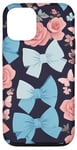 Coque pour iPhone 14 Nœuds bleu clair avec rose et papillon