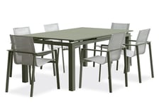 Table de jardin MIAMI-TB240-KAKI avec rallonge et 6 fauteuils MIAMI-FT-KAKI empilables