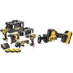 DEWALT - Kit 4 Outils XR 18V, 5Ah Lithium Ion BL avec Perceuse-Visseuse, Visseuse à Chocs, Meuleuse et Perforateur & DCS369NT-XJ Scie Sabre Compacte - XR 18V - Brushless