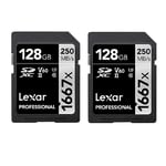 Lexar Professional 1667x Carte SD 128 Go, Lot de 2 Cartes, Carte Memoire SDXC UHS-II, Jusqu'à 250 Mo/s en lecture, Class 10, U3, V60, SD pour photographe professionnel, vidéaste, (LSD1667128G-B2NAA)