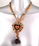 Tourmaline Vintage Burnt Gold Velvet Heart Pendant Necklace w Swarovski Crystals