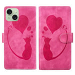 For iPhone 15 Plus Pen Heart Cat Embossed Leather Phone Case(Pink)