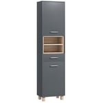 HOMCOM Colonne Salle de Bain, Meuble Salle de Bain Rangement, Meuble de Rangement avec 2 placards, tiroir et 2 Compartiments Ouverts, Armoire Haute pour Salon, Cuisine - 40 x 24 x 160 cm, Gris