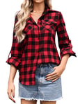 Aottori Chemisier à Carreaux Femme Coton Chemise Flanelle Chic avec Bouton Classique Blouse Bucheron Western Décontractée Retro Ecossaise Casual Vintage Blouse Rouge L