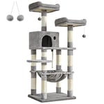 Feandrea Arbre à Chat Hauteur 143 cm, Tour de Jeux pour Chat, avec 11 Poteaux à Griffer, 2 Plateformes, 1 Niche, 1 Hamac, 2 Pompons, en Tissu Peluche, Plusieurs Niveaux, Gris Clair PCT15W