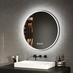 EMKE Miroir Rond Salle de Bain 3 en 1 avec LED 60 cm, Miroir Rond LED avec Interrupteur Tactile et Fonction Anti-buée et Fonction mémoire, Miroir Salle de Bain Lumière Tricolore réglable (Noir)