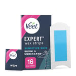 Veet Expert Cold Wax Strips, 16 Strips + 3 Finish Wipes, Brazilian Wax, Bikini Wax Strips, Bikini Hair Removal Underarm, Senisitive Wax Strips, Almond Oil, Waxing, Hair Removal