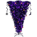 Sapin de Noël Artificiel Noir 180 cm Inversé Arbre d'Halloween avec 270 Lumières led Violettes Décoré de Citrouilles Crânes - Costway