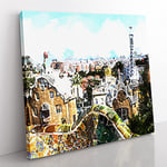 Parc Guell Gaudi in Barcelona Spain in Abstract Modern Canvas Wall Art Print Ready to Hang, Framed Picture for Living Room Bedroom Home Office Décor, 35x35 cm (14x14 Inch)