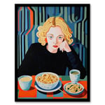 Artery8 Dinner For One Colourful Oil Painting Portrait of Woman Eating Noodles in a Japanese Restaurant Artwork Framed Wall Art Print 18X24 Inch