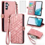 Asuwish Phone Case for Samsung Galaxy A54 5G Wallet Cover with Tempered Glass Screen Protector and Wrist Strap Leather Flip Zipper Credit Card Holder Stand Cell A 54 54A SM A546U 2023 Women Men Pink