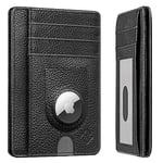 FINTIE Slim Minimalist Front Pocket Wallet with Built-in Case Holder for AirTag, 7 Slots Leather Wallet with AirTag Holder, RFID Blocking Cash Credit Card Wallet Compatible with AirTag, Black,