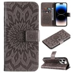 SATURCASE Coque pour Apple iPhone 15 Pro, Fleur du Soleil Gaufrage PU Cuir Magnétique Flip Portefeuille Support Porte-carte Protecteur Housse Étui avec Dragonne pour Apple iPhone 15 Pro (TY-Gris)