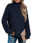 Zeagoo Pull Col Roulé pour Femme Élégant à Manches Longues Décontracté Pull Tricoté avec Motif Torsadé Uni pour Automne Hiver Bleu Foncé Taille M