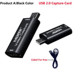 Adaptateur d'enregistrement vidéo en streaming,USB 3.0,HDMI 1080P,carte d'acquisition pour diffusion en direct,fiable - Type Black USB 2.0