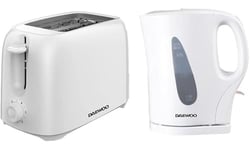 Daewoo Essentials Plastic 1.7 Litre Kettle And 2 Slice Toaster Set White, Breakfast Combo, Fill Roughly 7 Cups In One Boil, Visible Water Window And Variable Browning Controls, Clean Simple Design