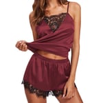 Kvinnor ärmlös pyjamas Satin Cami Top + Shorts Pyjamas Set wine red M