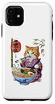 Coque pour iPhone 11 Chat animé mignon en kimono mangeant des ramen Anime drôle