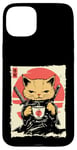 Coque pour iPhone 15 Plus Kawaii Samurai Cat Drinking Coffee, Ninja Cat for Cats Lovers