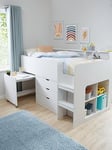 Very Home Aspen Mid Sleeper Bed Frame with Desk, Drawers and Shelves plus Mattress Options (Buy and SAVE!) - White - Bed Frame Only, White Oak, Size Single 3Ft