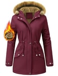 FemiChic Women Winter Coat Waterproof Fleece Lined Jacket Warm Ladies Parka Drawstring Girdle Hooded Thermal Thickened Detachable Faux Fur Mid Length Outdoor Overcoat(Wine Red,S)