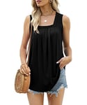 Aokosor Ladies Tops Summer Vests Women Square Neck Sleeveless Pleated Tank Top Black Size 14-16