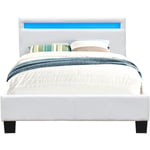 angel - Solide et Confortable Lit 90x190 avec Sommier + Tête de Lit avec Eclairage LED Couleur BLANC + Pieds en 10 cm pour matelas en - 13 Lattes