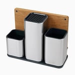 Joseph Joseph Counterstore Porte-ustensiles cuisine, Lot de 3 Pot à ustensiles et couteaux avec planche à découper en bois, Organisateur sur Plan à Poser, Acier inoxydable