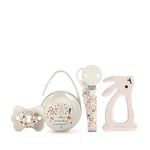 Suavinex, Cadeau Naissance, Coffret Cadeau Bébé avec : Sucette avecTétine Symétrique SX Pro 0-6 Mois + Attache Sucette + Boîte à Sucettes + Anneau de Dentition en Silicone. (4 Pcs). Wonderland, Beige