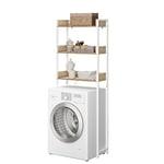 EUGAD Meuble Machine à Laver, Meuble Toilettes WC Rangement, Étagère, Meuble Dessus, avec 3 Étagères, en Bois d’Ingénierie et Métal, Blanc+Chêne Clair, 63x25x166.5cm