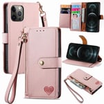 SATURCASE Coque pour Apple iPhone 12 Pro Max, Heart PU Cuir Flip Portefeuille Poche Double Boucle Magnétique Fermeture éclair Support Porte-carte Cordon Protecteur Housse Étui pour Apple iPhone 12 Pro Max (AX-Pink)